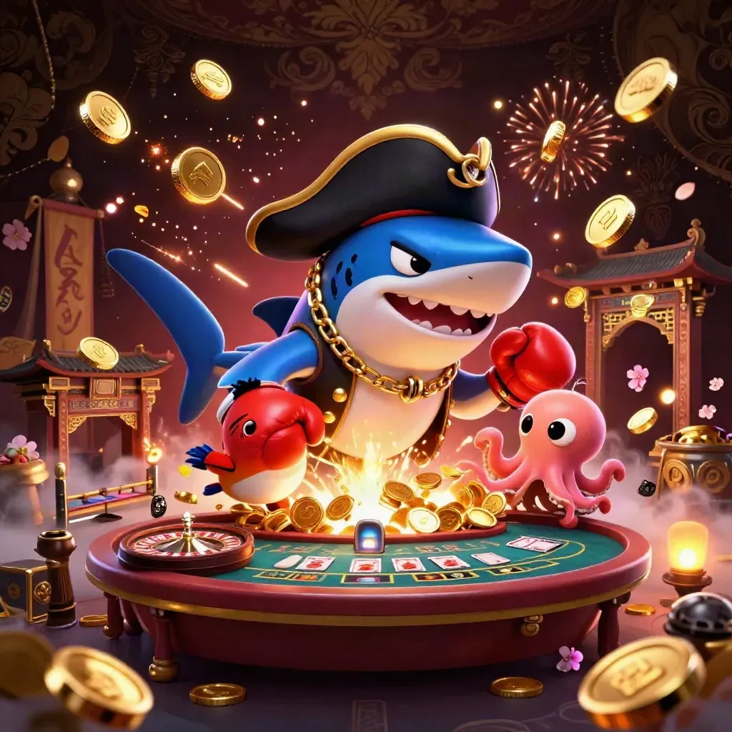 Shark pirate, boxing pufferfish, and coin-juggling octopus amid casino vault fireworks.