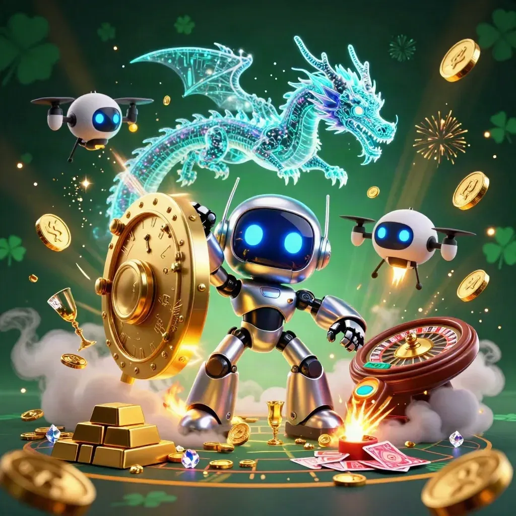 Cyberpunk robot, holographic dragon and drone erupt from a vault with coins, gems and casino lights.