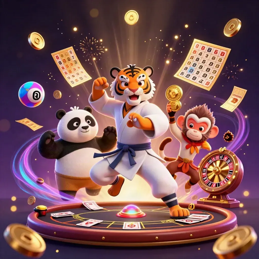 Kung-fu tiger, panda, and monkey explode from a neon casino vault with coins, wheels, cards, and fireworks.