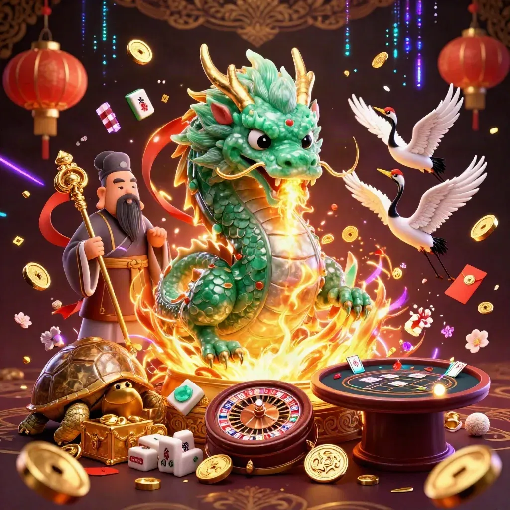 Emerald dragon, jade sage turtle, cranes, coins and fireworks in a luxe neon casino burst.