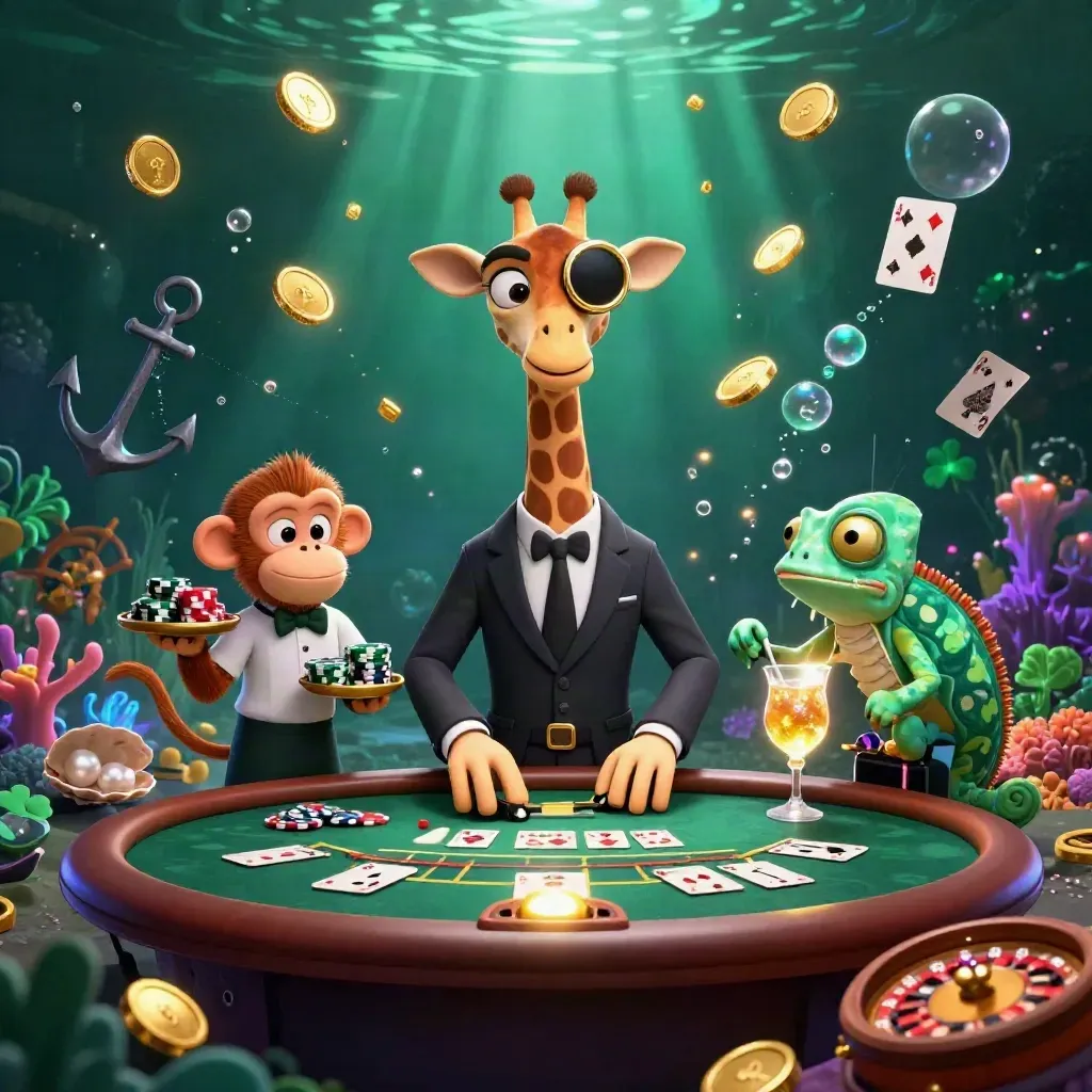 Giraffe, monkey, and chameleon casino crew amid coin bursts and neon underwater treasure glow.