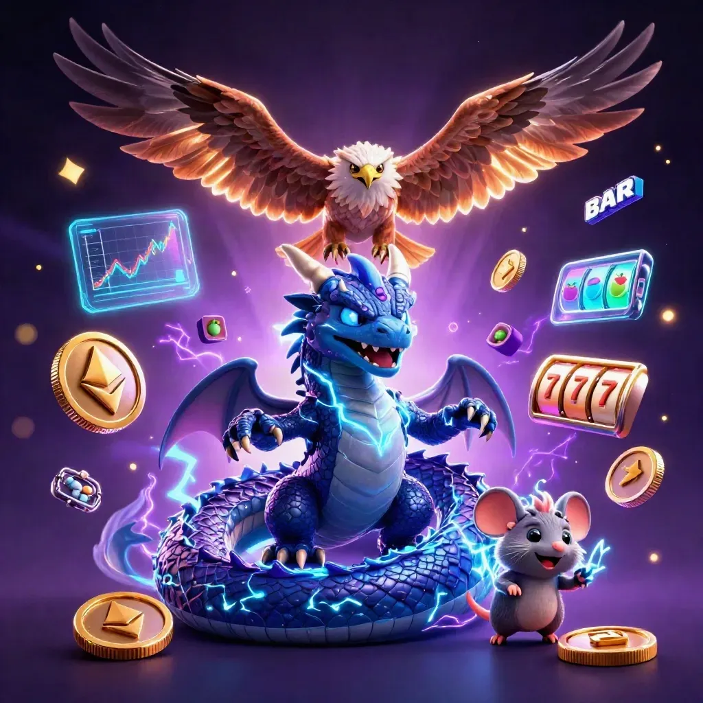 Thunder dragon, hawk, and static mouse amid neon coins, reels, lightning, and purple glow.