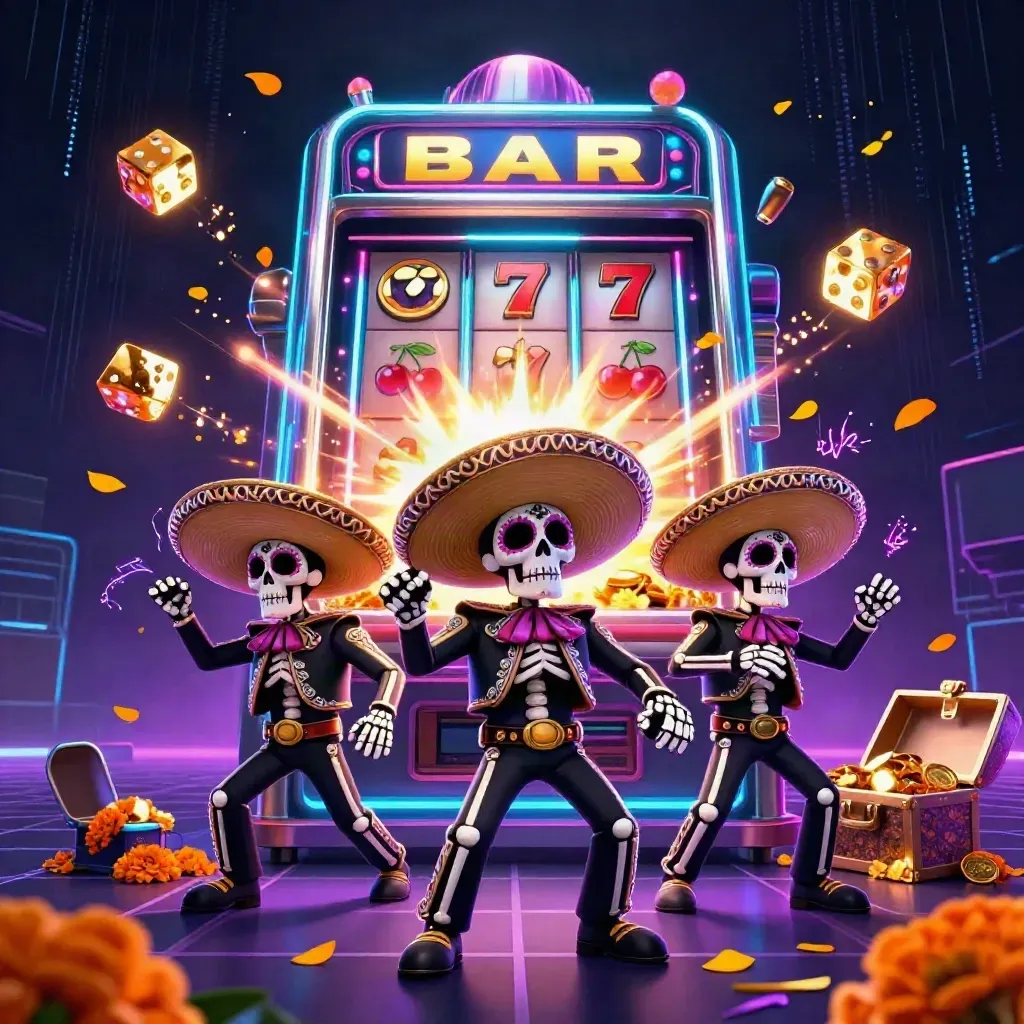 Three glowing skeleton mariachi performers explode from a slot machine amid neon casino energy.