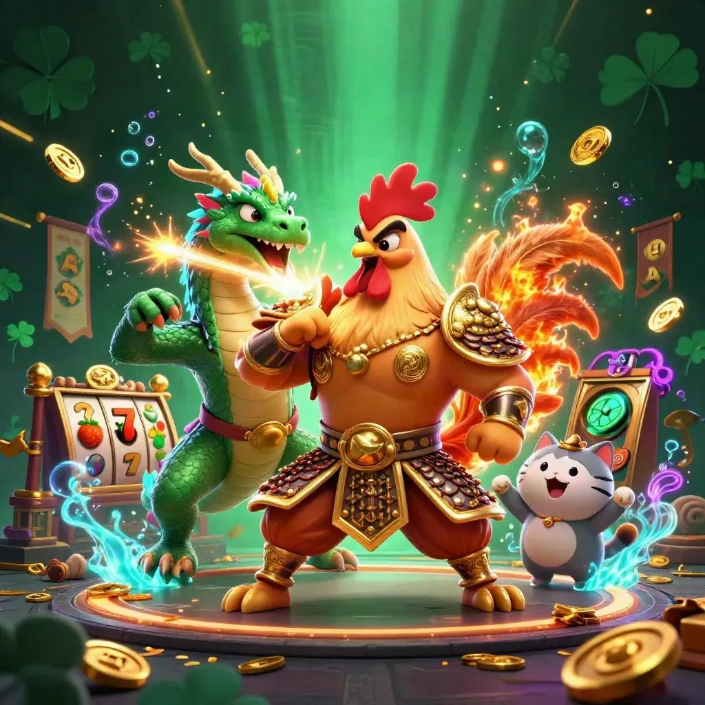 Rooster warrior, dragon hatchling and fortune-cat in neon casino action with gold and cyan glow.
