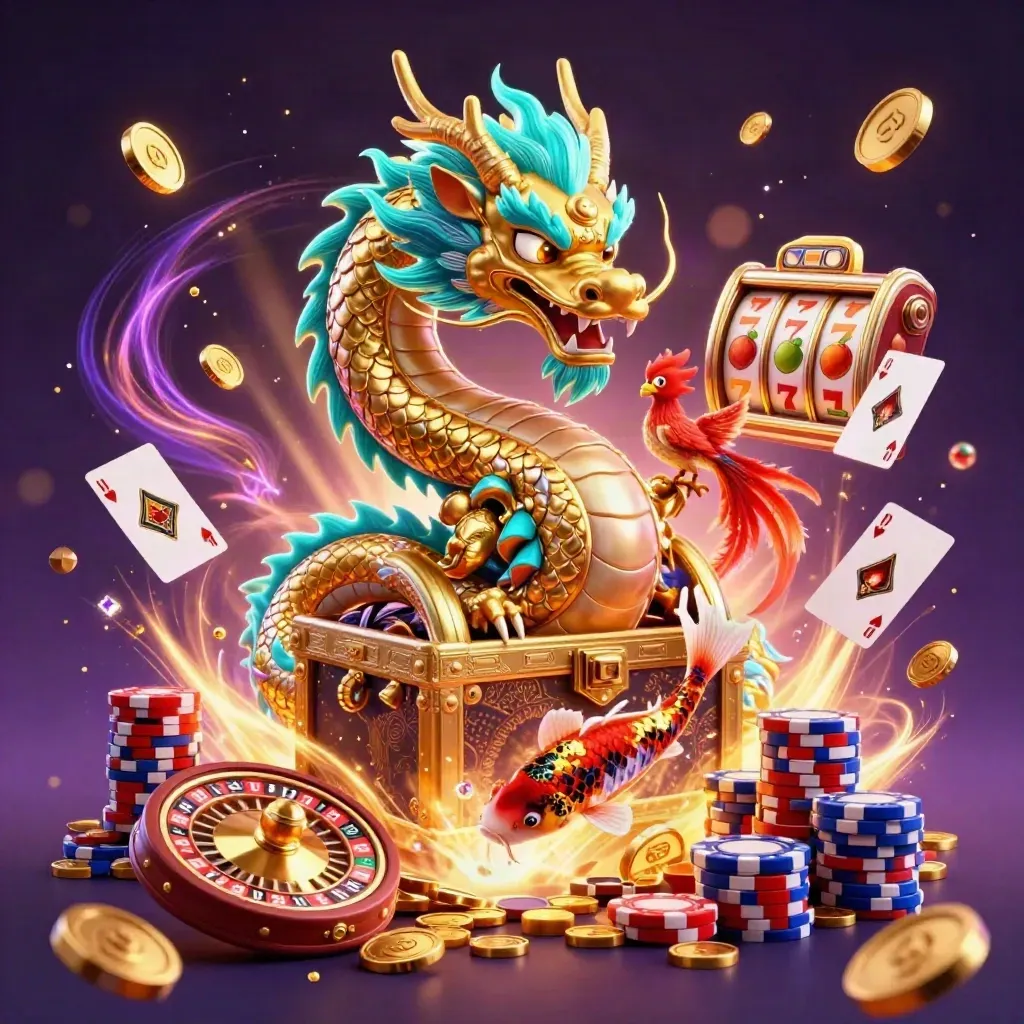 Golden dragon, phoenix and koi amid casino coins, reels, chips and neon magic on a dark purple glow.