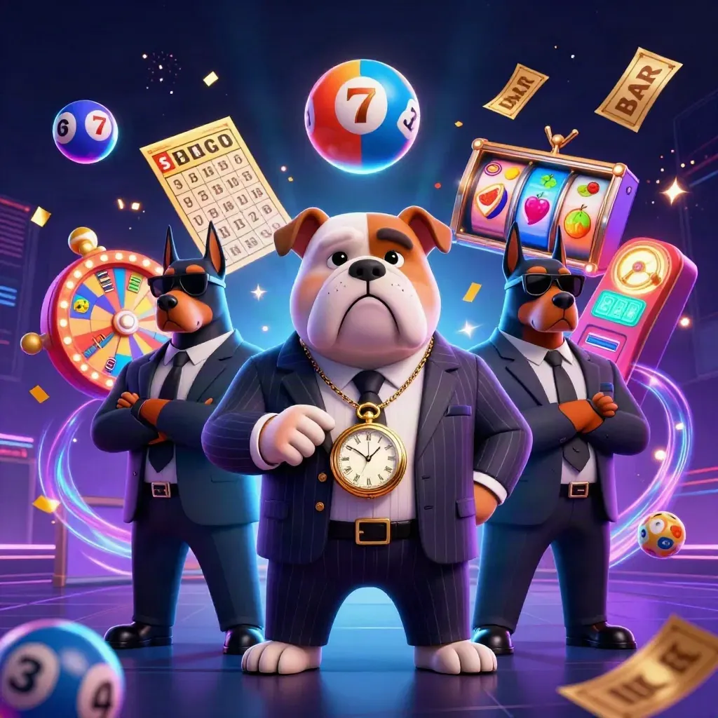 Bulldog mob boss with two Dobermans, casino props, neon grid, fireworks, and glowing slot symbols.