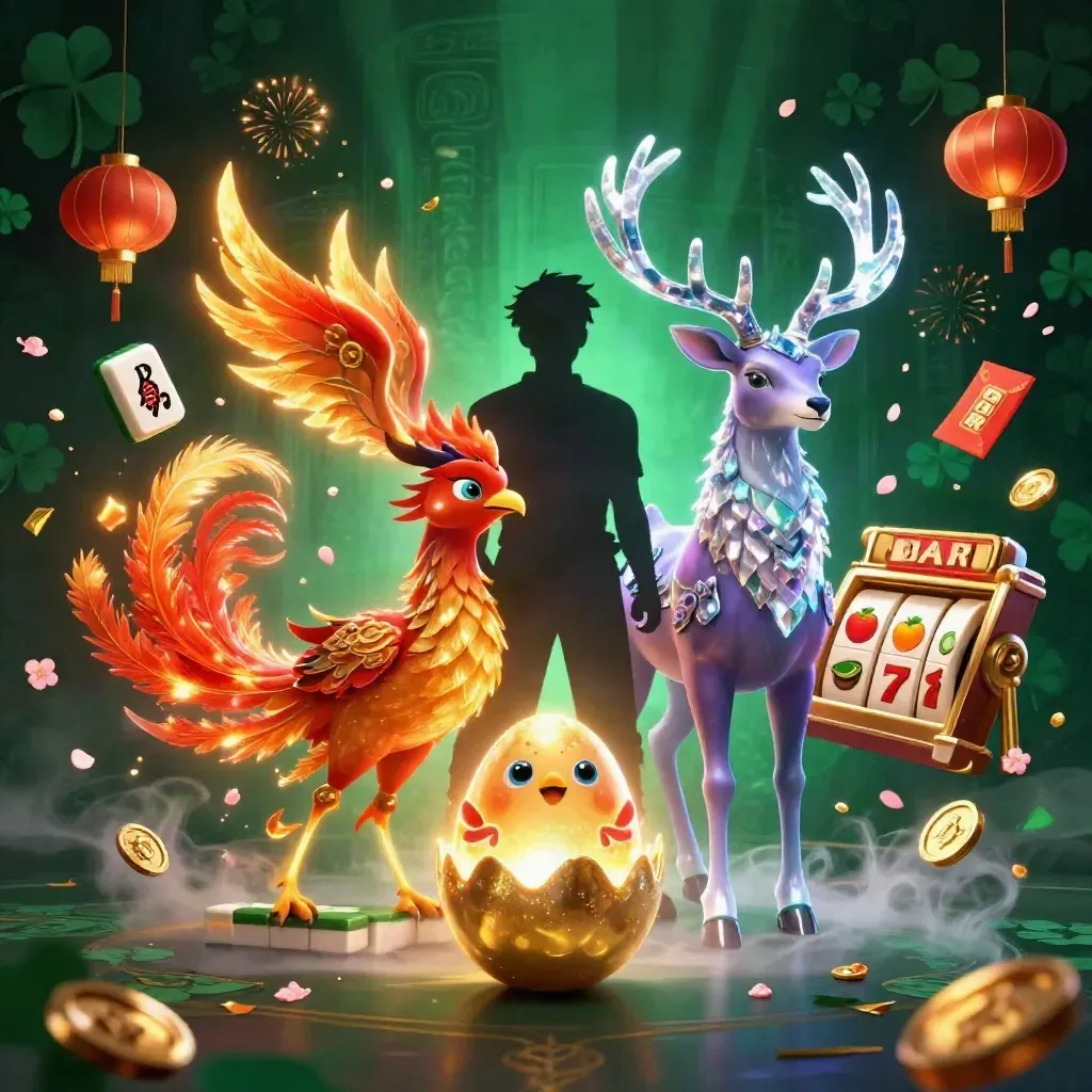 Phoenix, baby phoenix and crystal stag amid casino symbols on a dark neon emerald backdrop.