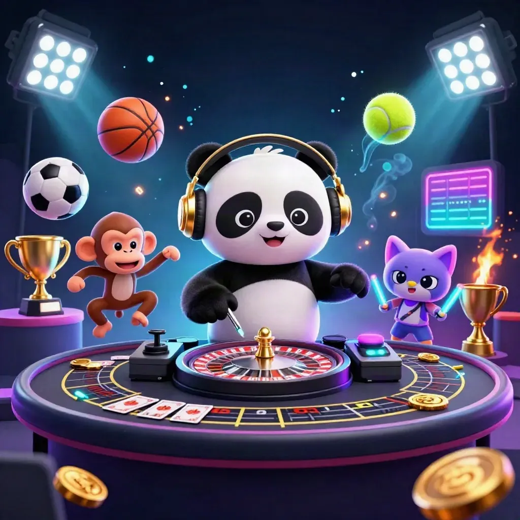 DJ panda, monkey, and glow-kitten in a neon casino rave with flying balls, coins, and lights.