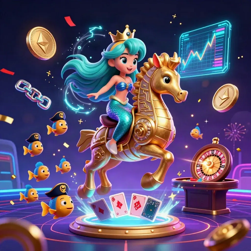 Mermaid princess on armored seahorse amid pirate fish, neon coins, roulette wheel, and casino magic