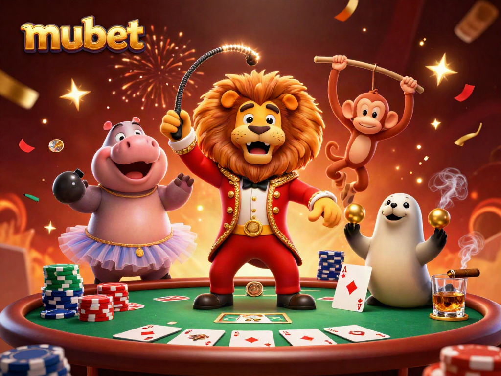 Experience the excitement of mubet with a vibrant circus scene showcasing animated casino characters.