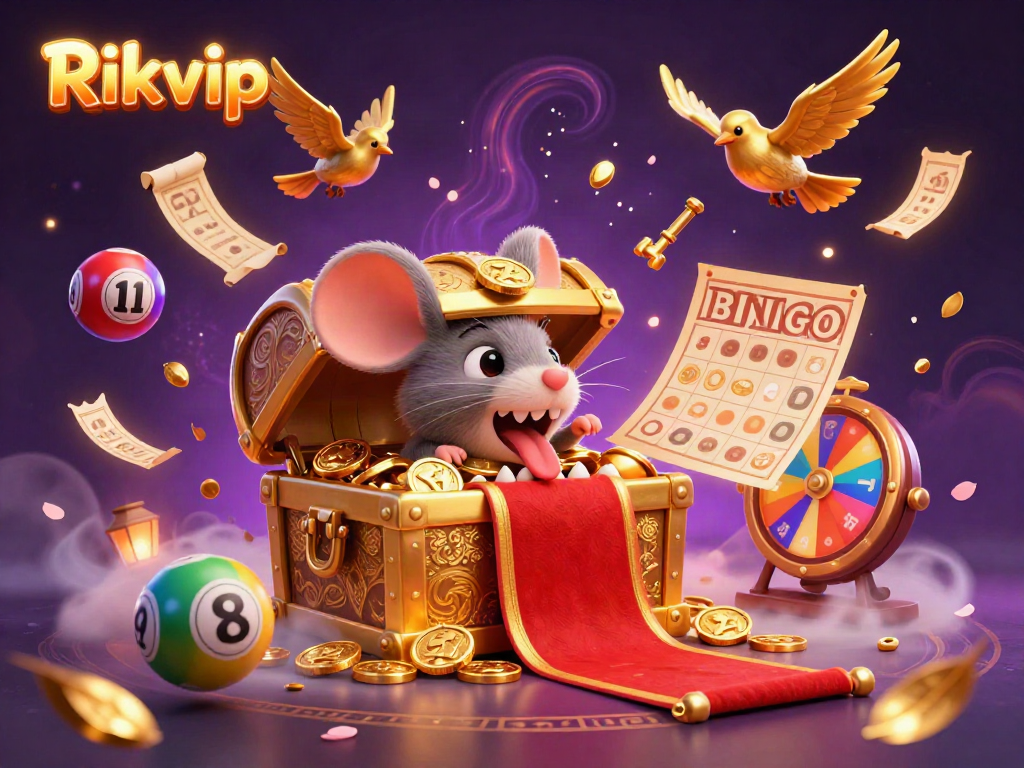 Engage with the thrilling Rikvip gaming experience, highlighted by an enticing treasure chest and dazzling casino elements.