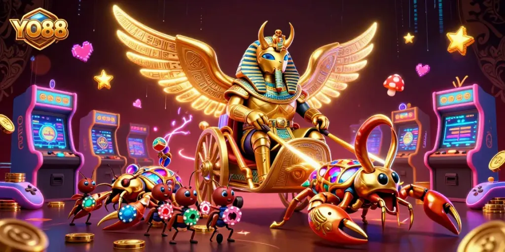 Engage in gaming excitement with YO88 featuring a golden scarab and jewel-encrusted scorpions.