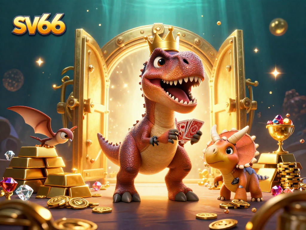 Join SV66's thrilling casino adventure with a friendly dinosaur trio shuffling cards and stacking chips!