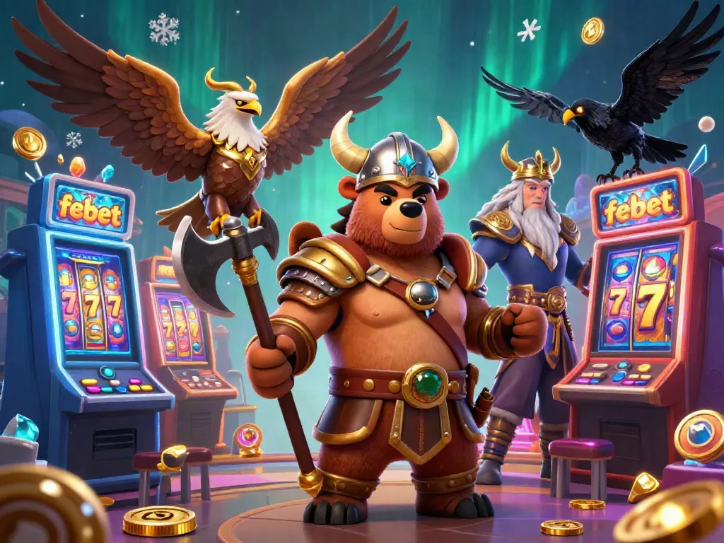 Experience excitement with febet's online casino featuring Viking characters and vibrant slot machines.