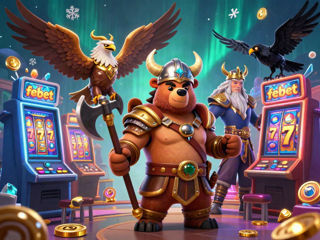 Experience excitement with febet's online casino featuring Viking characters and vibrant slot machines.