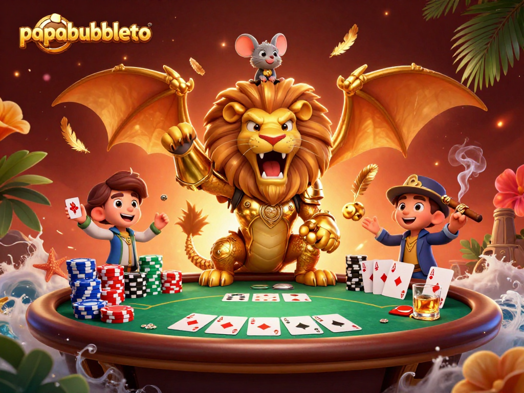 Experience the thrill of papabubbleto with a triumphant chimera and poker scene in this whimsical illustration.