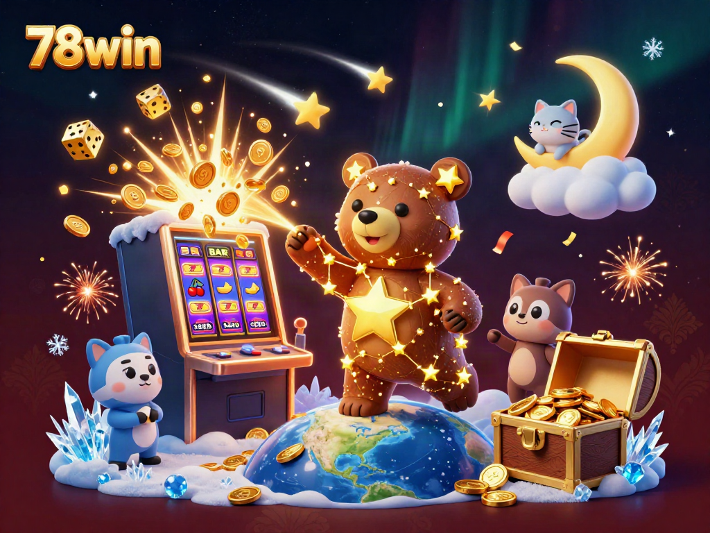 Experience the winning thrill of 78win with a constellation bear scooping coins amidst slot machines and festive symbols.