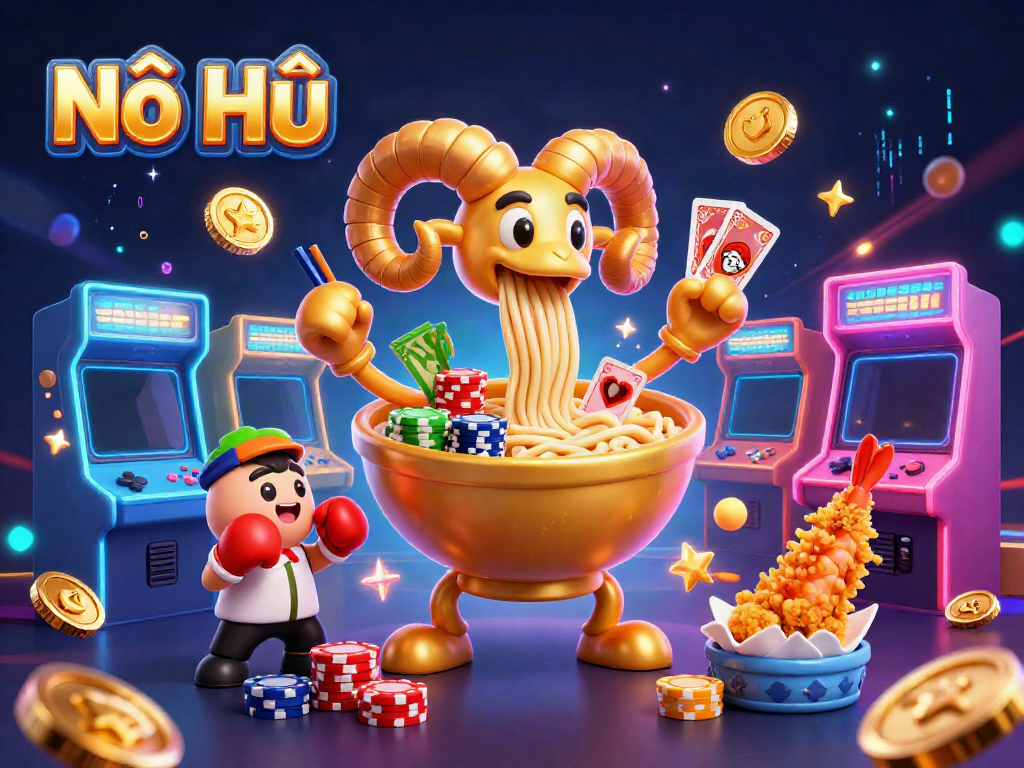 Nổ Hũ excitement with cartoon characters and vibrant casino game elements, showcasing fun gameplay.