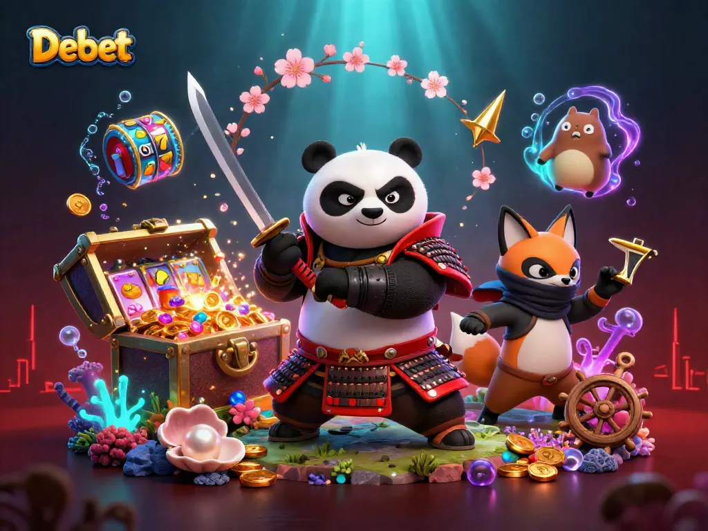 Engaging Debet casino illustration showcasing vibrant samurai panda and ninja fox among dynamic slot game elements.