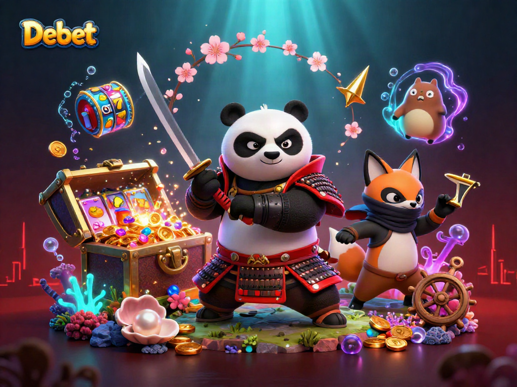 Engaging Debet casino illustration showcasing vibrant samurai panda and ninja fox among dynamic slot game elements.