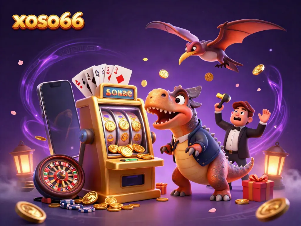 Xoso66 casino scene with a dinosaur, celebrating a jackpot win at a colorful slot machine