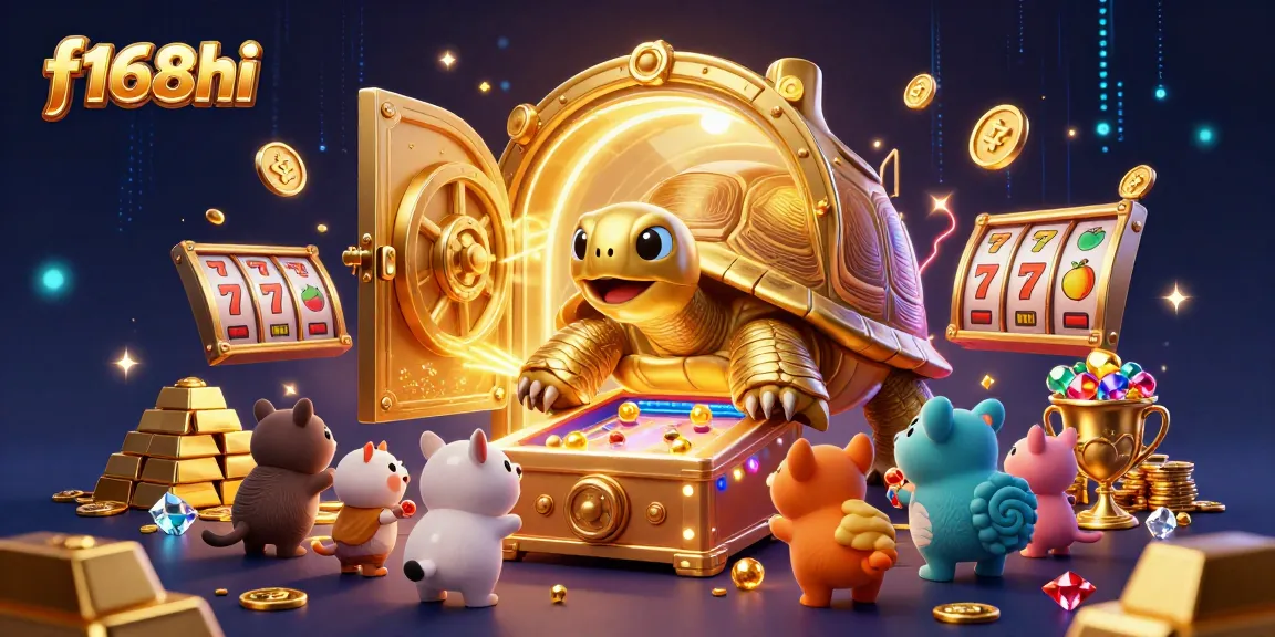 Engage with f168hi's exciting casino atmosphere featuring a golden tortoise pinball machine amidst treasures.