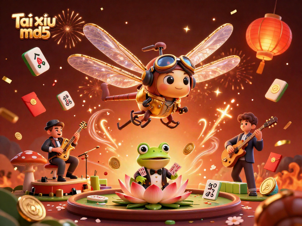 Experience Tài xỉu md5 in a lively casino scene with a dragonfly pilot and a frog croupier, surrounded by festive elements.