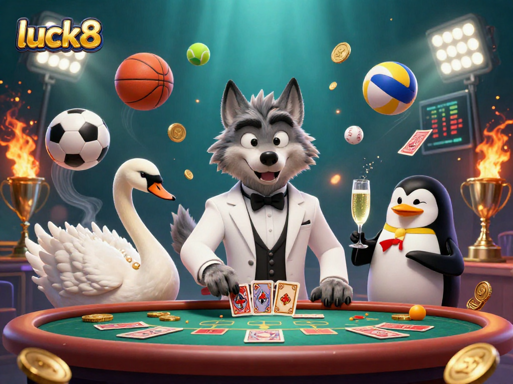 Experience exciting baccarat at luck8 with a stylish wolf, swan, and penguin in a vibrant casino scene.