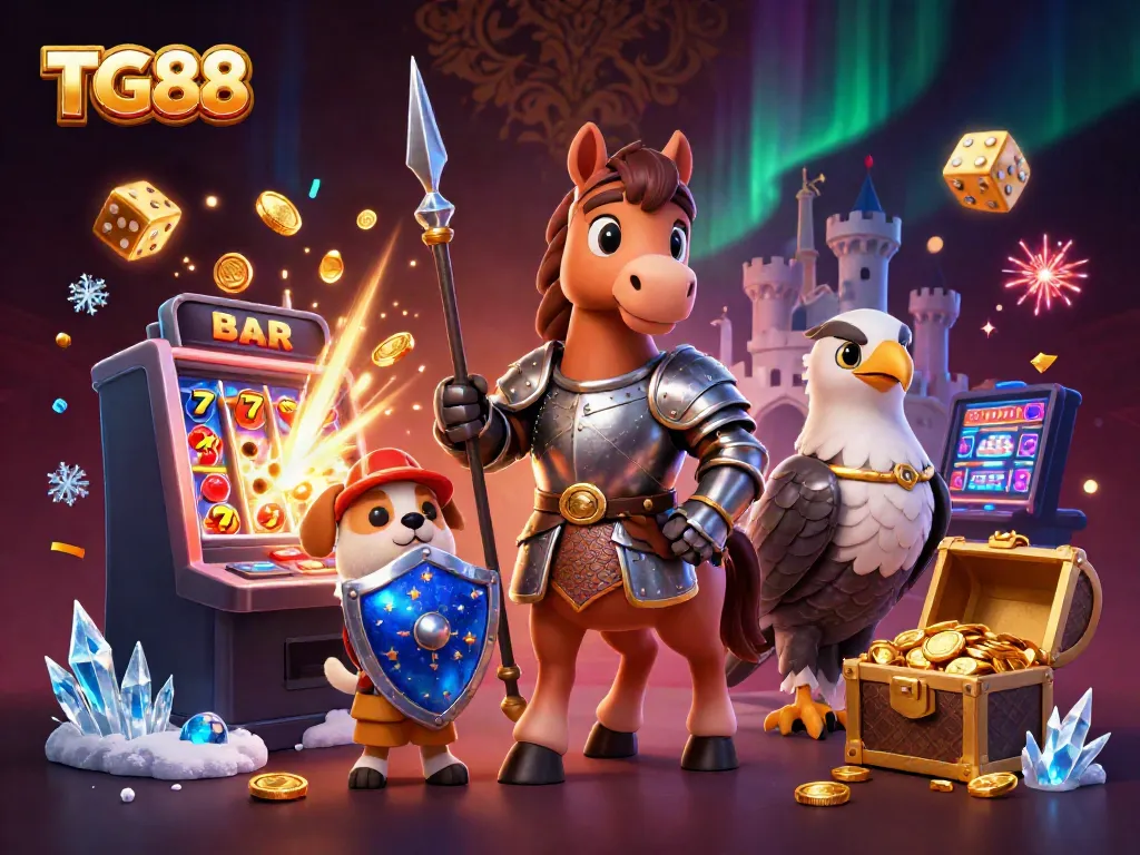 Experience the thrill of gaming at TG88 with a dynamic scene of fantasy characters and casino elements.