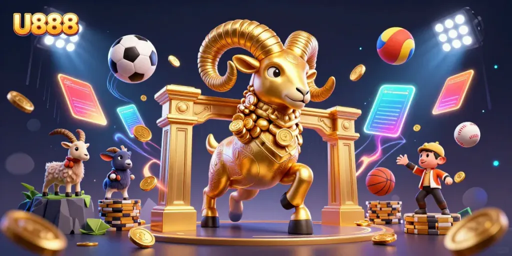 Join the gambling action with U888's vibrant 3D scene of a charging golden ram and sports elements.