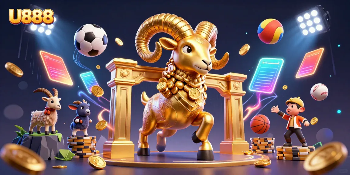 Join the gambling action with U888's vibrant 3D scene of a charging golden ram and sports elements.