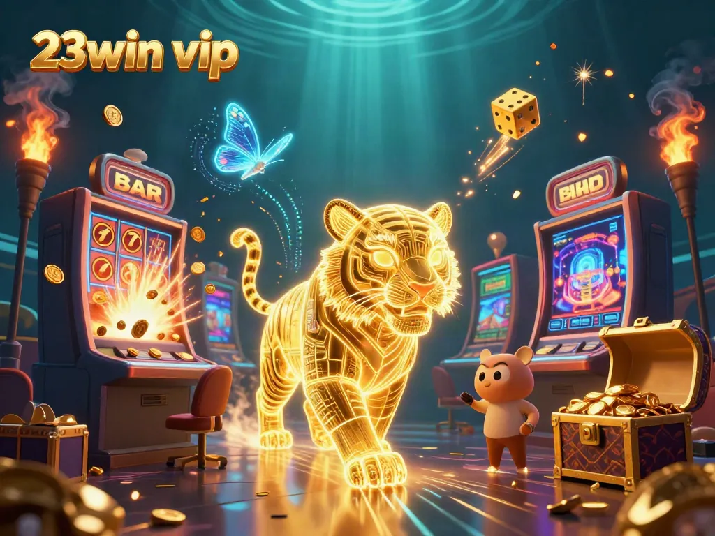 Experience thrilling action in 23win vip with a vibrant digital casino landscape featuring a golden tiger and jackpot slot machine.
