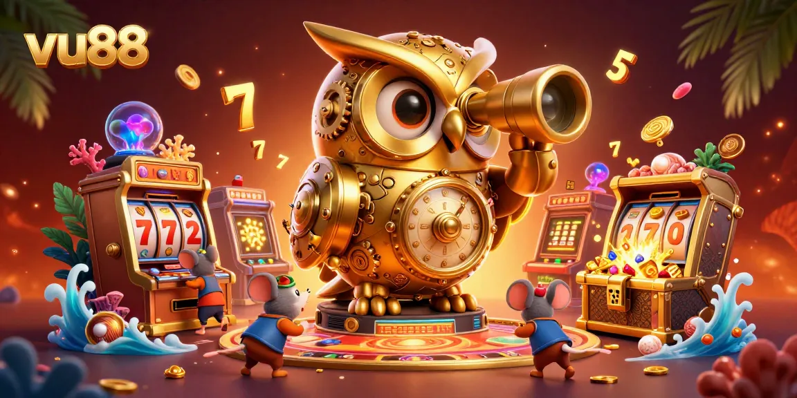 Experience gaming excitement at vu88 with a vibrant 3D casino illustration featuring a whimsical owl and dynamic game elements.