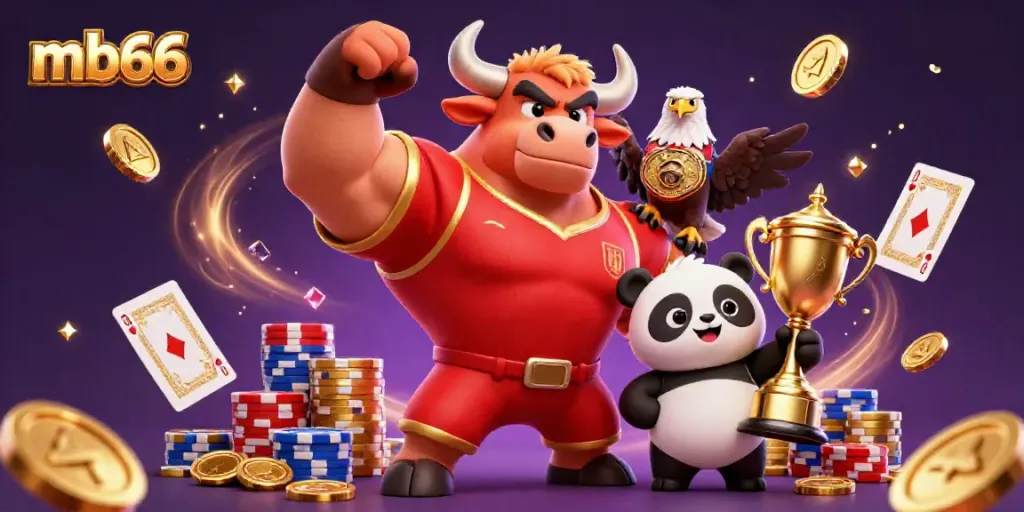 Celebrate wins with mb66's lively 3D scene showcasing a bull mascot and his friends in a vibrant casino atmosphere.