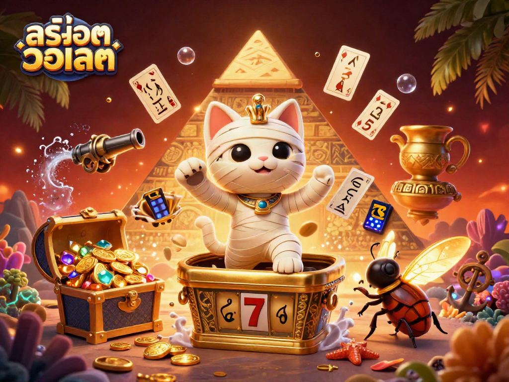 Engaging illustration of สล็อตวอเลท with a mummy cat and a scarab beetle among slot game elements.