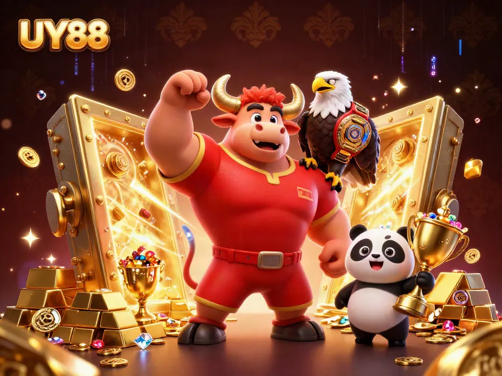 Experience top-tier gaming with UY88's vibrant 3D illustration showcasing winning moments.