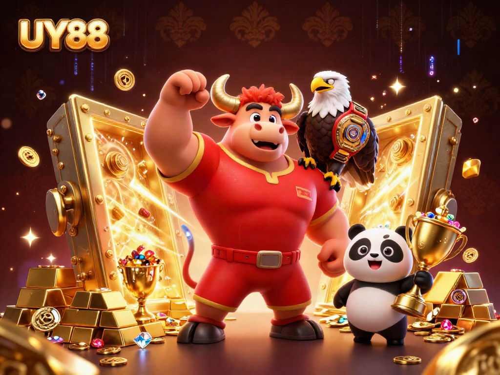 Experience top-tier gaming with UY88's vibrant 3D illustration showcasing winning moments.