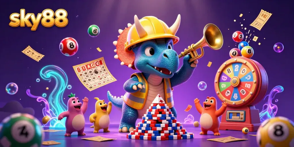 Engage in thrilling games at sky88, featuring vibrant poker chip towers and animated lottery balls.
