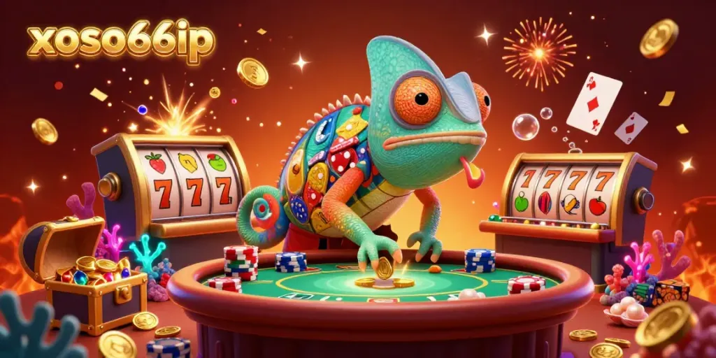 Engage in the vibrant world of xoso66ip with a colorful chameleon casino owner amidst dynamic slot action and celebratory elements.