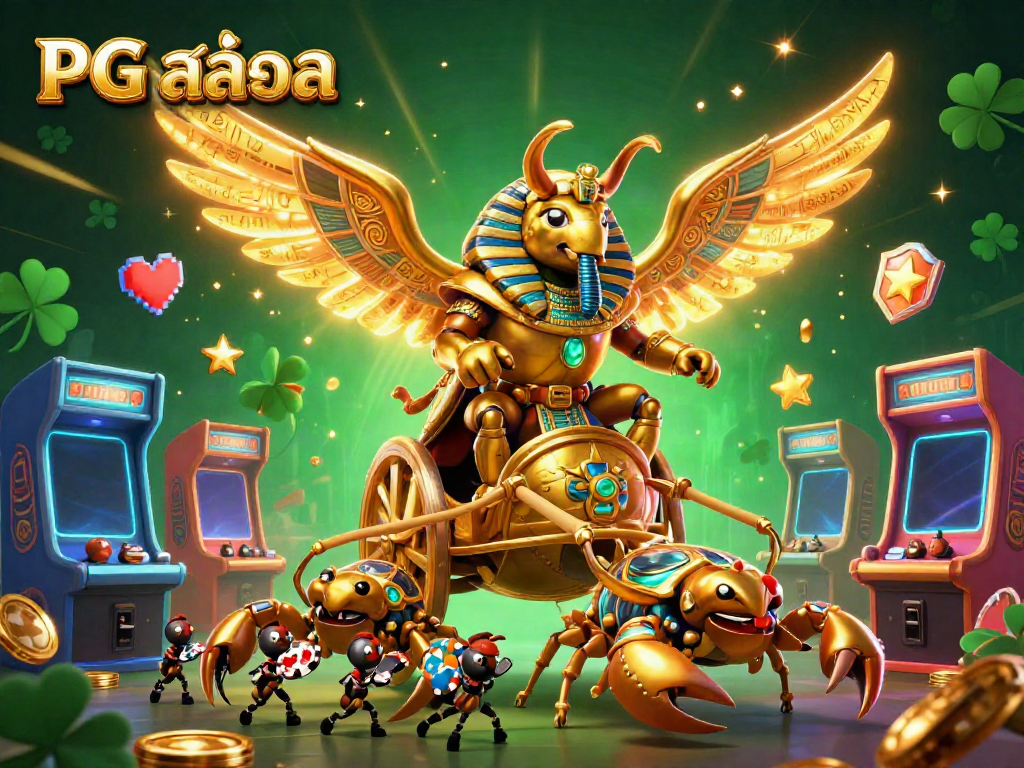 Experience the thrill of gaming with PG สล็อต, featuring an enchanting scarab beetle in a lively casino scene.