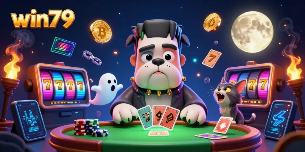 Engaging win79 casino scene with a Frankenstein bulldog dealing cards, mixing classic gambling elements and crypto coins.