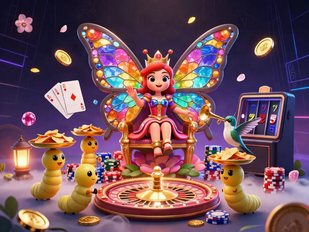 Play stunning casino games with mubet, illustrated in a vibrant 3D scene featuring a butterfly queen.