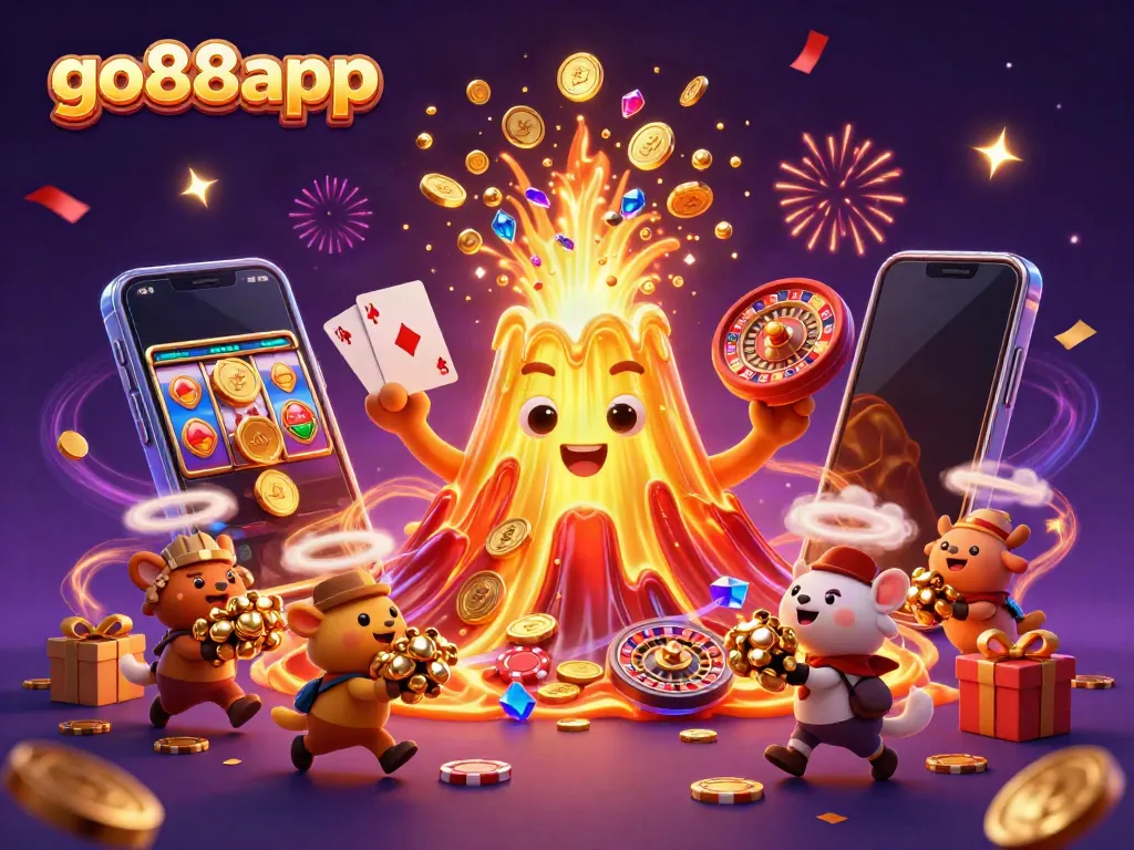 Experience casino excitement with go88app; a dynamic scene of a golden volcano erupting treasure.