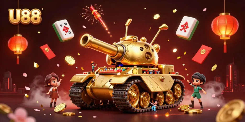 Experience the thrill of U88’s vibrant casino world with a dynamic scene of a golden beetle tank revealing a mini casino.