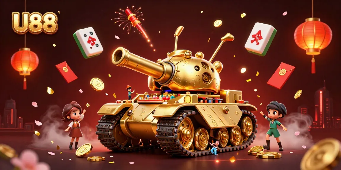 Experience the thrill of U88’s vibrant casino world with a dynamic scene of a golden beetle tank revealing a mini casino.