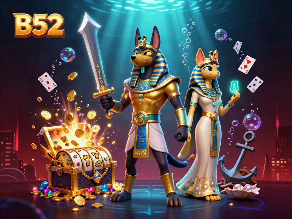B52 casino adventure with Anubis and Bastet amidst golden treasures and slot reels.
