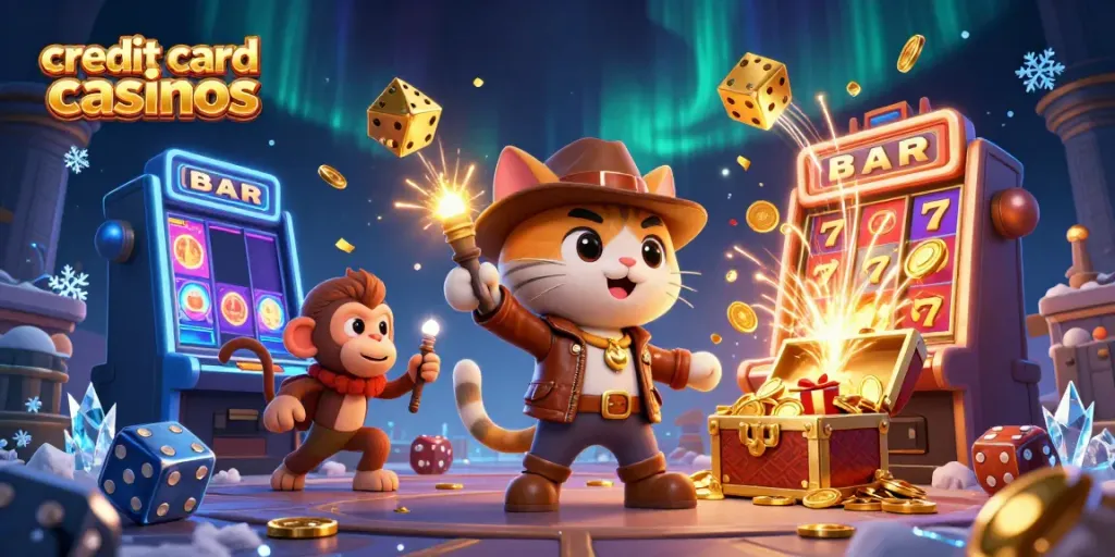 Experience the excitement of credit card casinos with a captivating treasure hunt scene showcasing casino elements and vibrant characters.