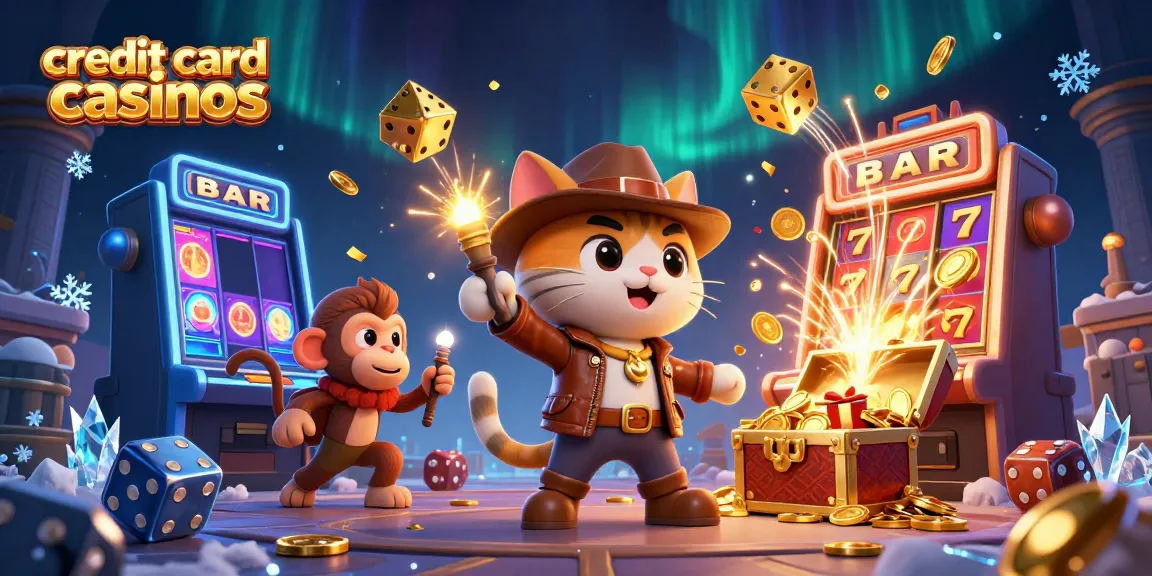 Experience the excitement of credit card casinos with a captivating treasure hunt scene showcasing casino elements and vibrant characters.