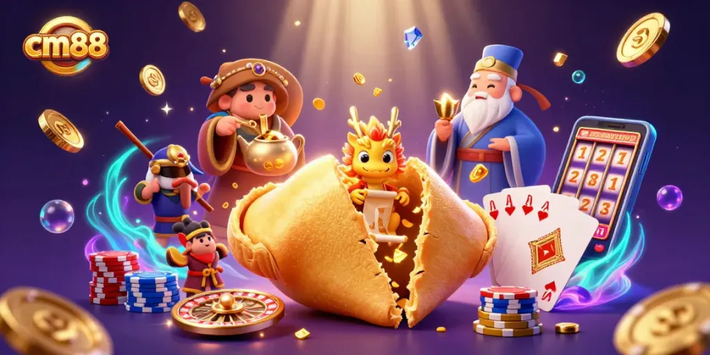 Win big at cm88 with golden fortune cookies, cascading coins, and vibrant casino elements.