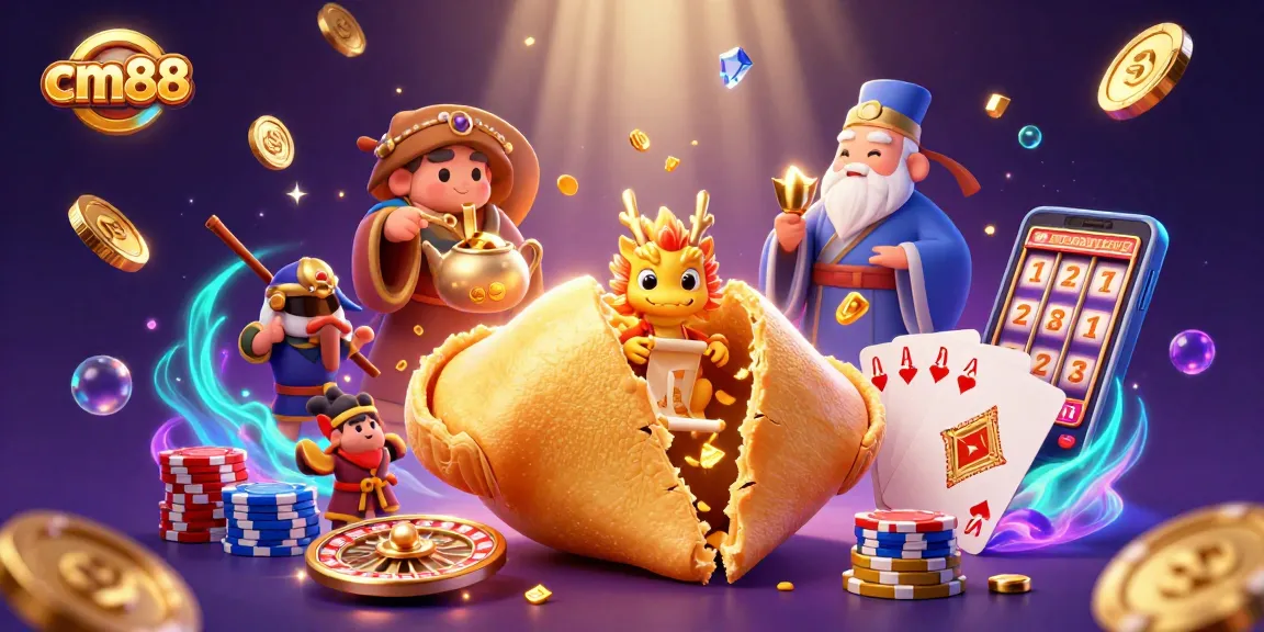 Win big at cm88 with golden fortune cookies, cascading coins, and vibrant casino elements.